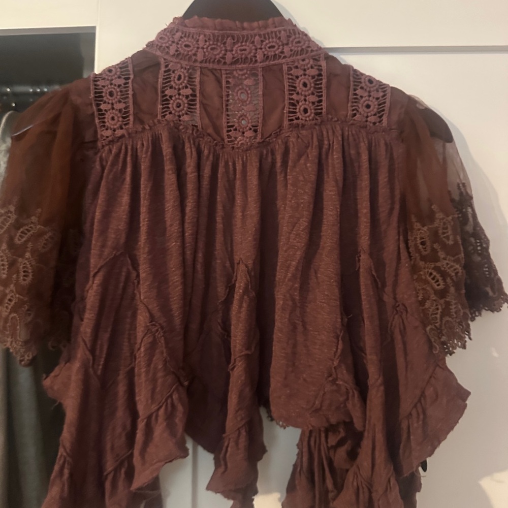Boho Crochet Lace Ruffled Backless Shirt  - Brown